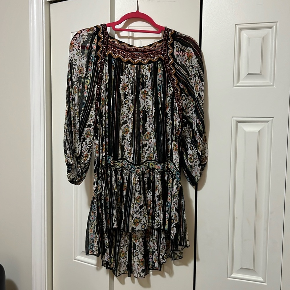 Free People 3/4 sleeve, beaded, double tie back blouse